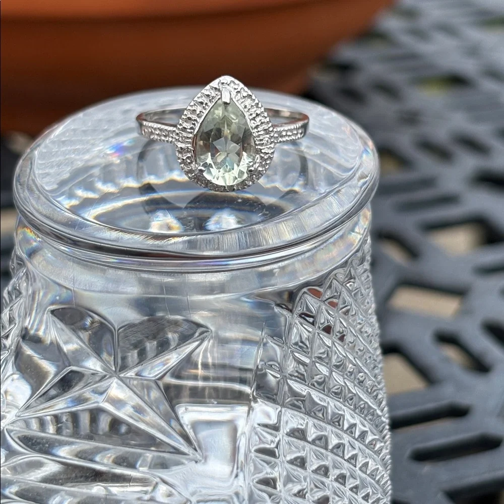 Genuine Natural Prasiolite Diamond Ring Sterling Silver Pear Cut Halo Sze 7